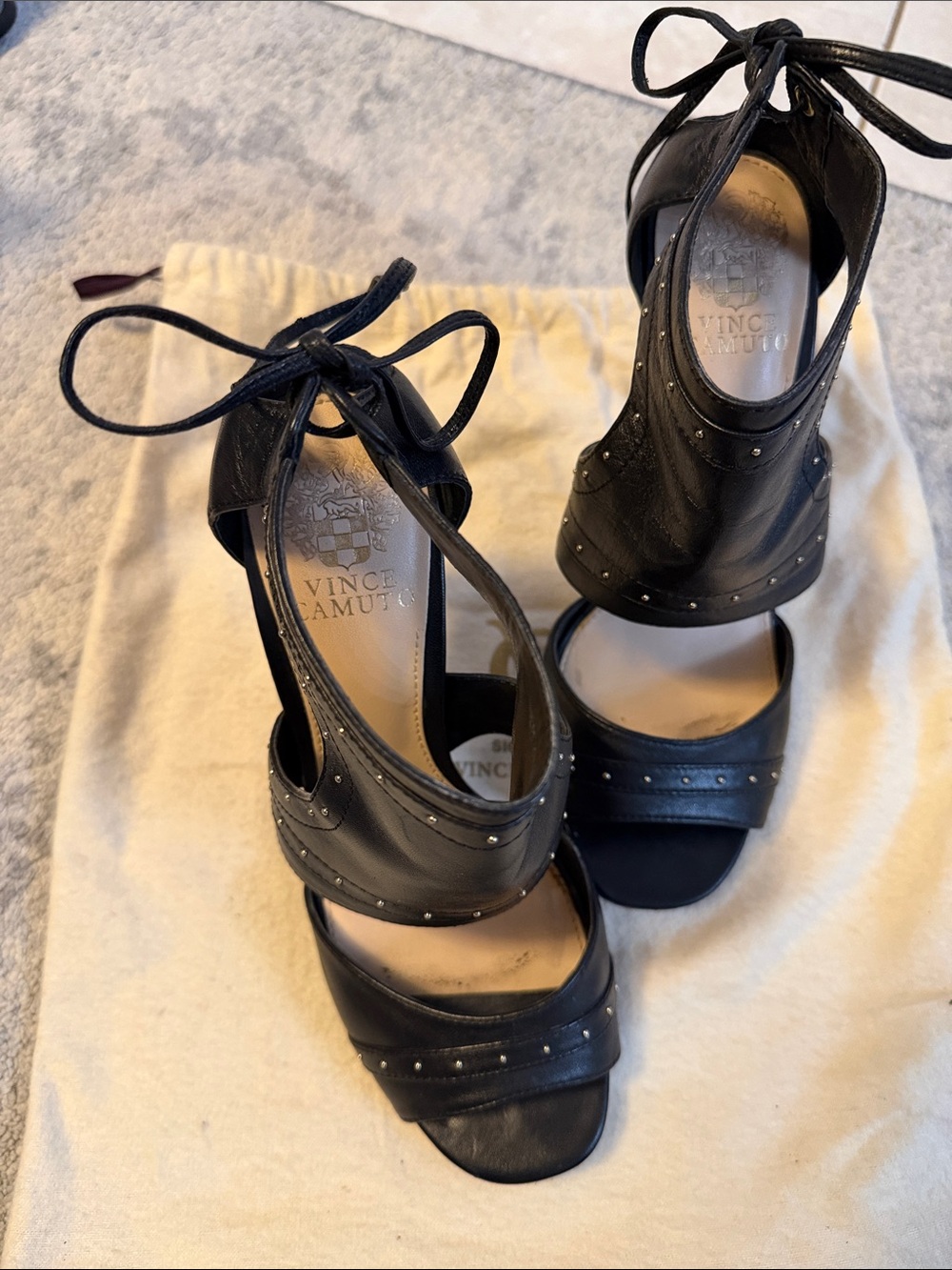 Vince Camuto Black Leather Studded Ankle-Tie Heels